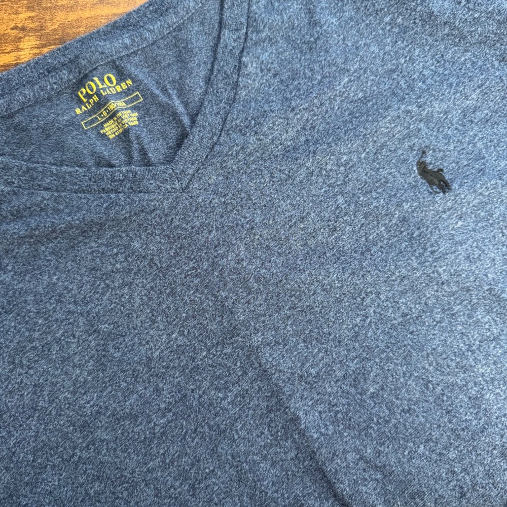 Polo Ralph Lauren Mens Blue Heathered‎ V-Neck Long Sleeve T-Shirt Large Logo